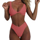 Women's bikini set - solid fabric V-neck bow-front high-waisted trapezoidal underwear two-piece swimsuit