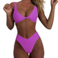 Women's bikini set - solid fabric V-neck bow-front high-waisted trapezoidal underwear two-piece swimsuit