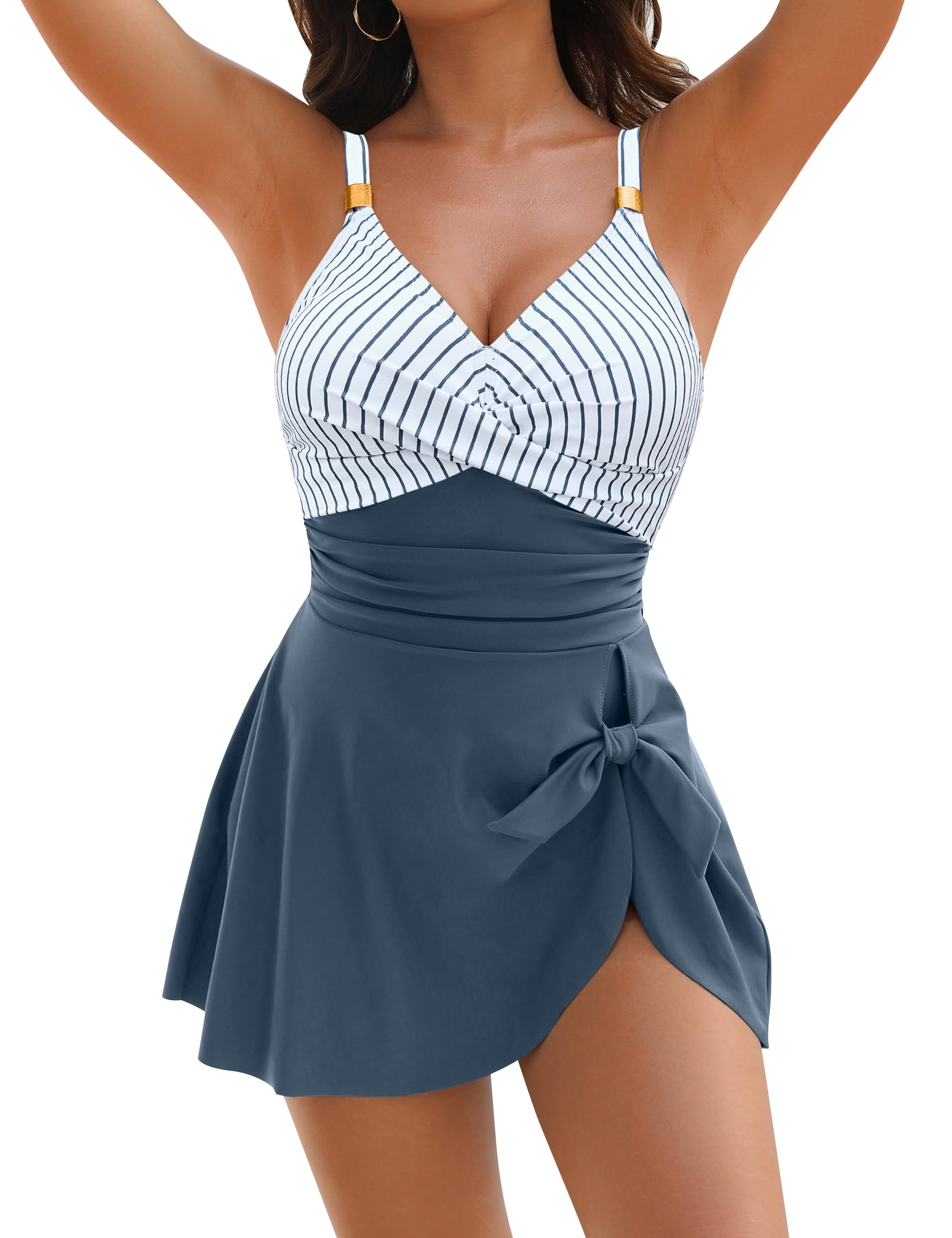 Womens One Piece Swimsuit Tummy Control Bathing Suit Gold Metal Tie Knot 2026 Swim Dress