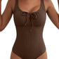 Aleumdr Womens Textured One Piece Swimsuit Tummy Control Bathing Suit Tie Knot Cutout Swimwear
