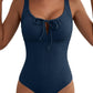 Aleumdr Womens Textured One Piece Swimsuit Tummy Control Bathing Suit Tie Knot Cutout Swimwear