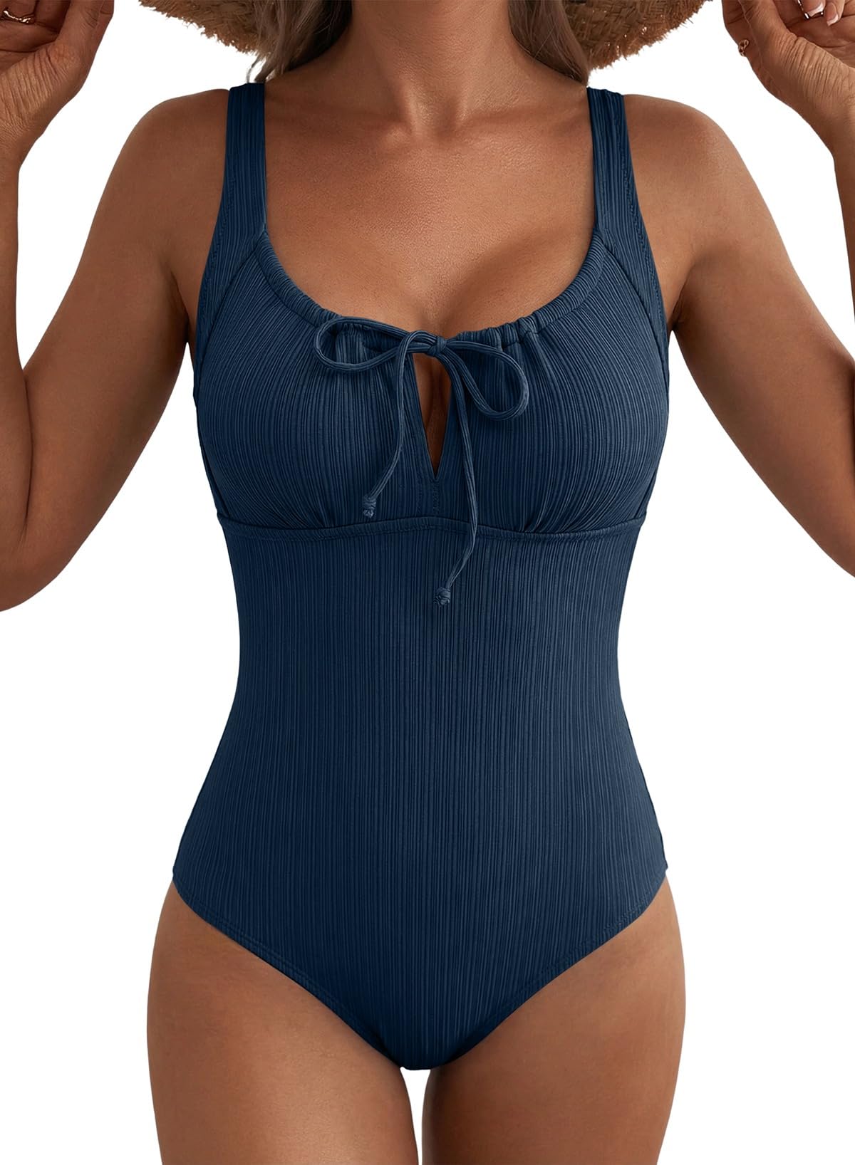 Aleumdr Womens Textured One Piece Swimsuit Tummy Control Bathing Suit Tie Knot Cutout Swimwear