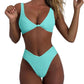 Women's bikini set - solid fabric V-neck bow-front high-waisted trapezoidal underwear two-piece swimsuit
