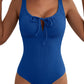 Aleumdr Womens Textured One Piece Swimsuit Tummy Control Bathing Suit Tie Knot Cutout Swimwear
