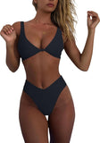 Women's bikini set - solid fabric V-neck bow-front high-waisted trapezoidal underwear two-piece swimsuit