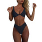 Women's bikini set - solid fabric V-neck bow-front high-waisted trapezoidal underwear two-piece swimsuit