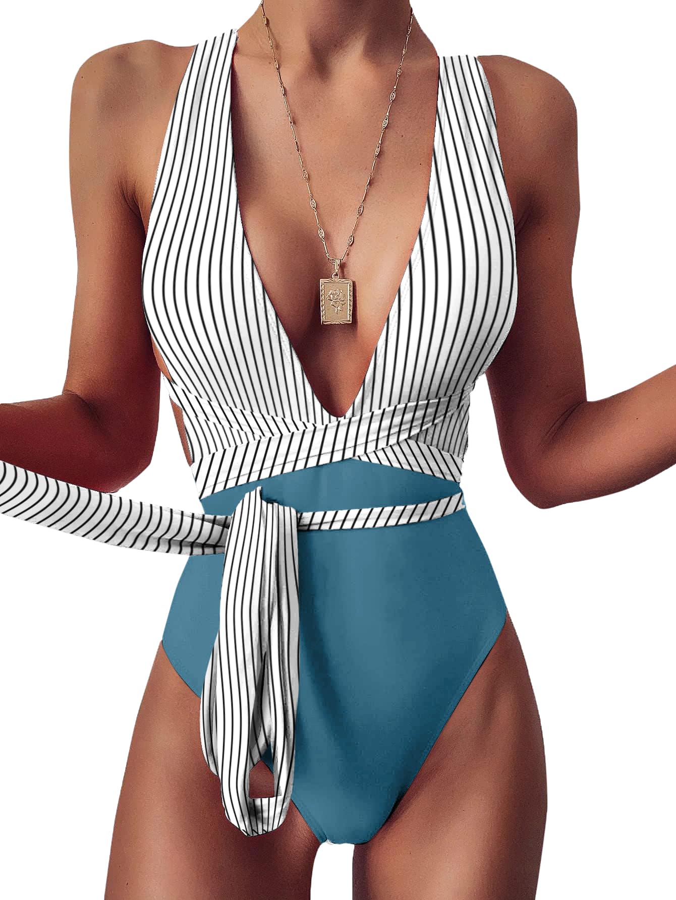 Sexy Tie Criss Cross Plunge One Piece Thong Swimsuit High Cut Brazilian Bathing Suit