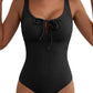 Aleumdr Womens Textured One Piece Swimsuit Tummy Control Bathing Suit Tie Knot Cutout Swimwear