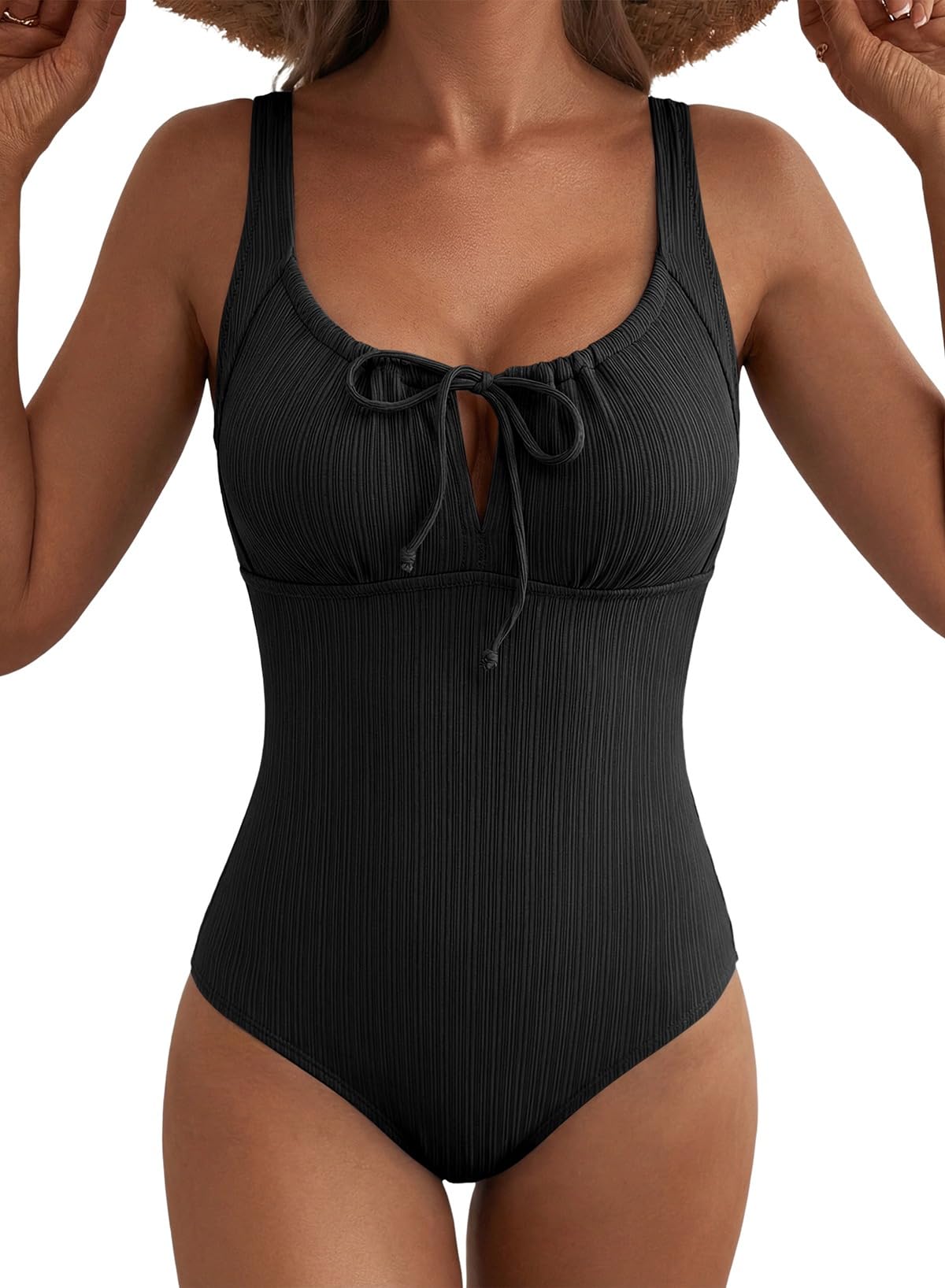 Aleumdr Womens Textured One Piece Swimsuit Tummy Control Bathing Suit Tie Knot Cutout Swimwear