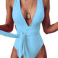 Sexy Tie Criss Cross Plunge One Piece Thong Swimsuit High Cut Brazilian Bathing Suit
