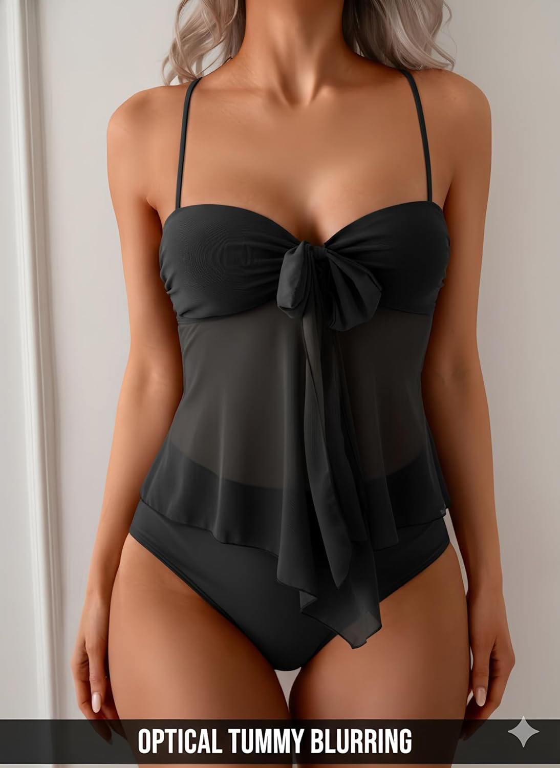 Tankini Swimsuits for Women, Tummy Control Flowy Mesh Tops, High Waisted Bottoms, Coquette 2 Piece Bathing Suits