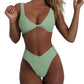 Women's bikini set - solid fabric V-neck bow-front high-waisted trapezoidal underwear two-piece swimsuit