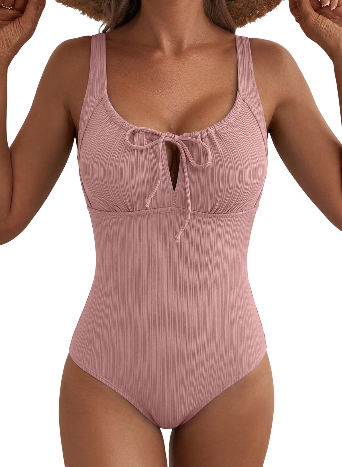 Aleumdr Womens Textured One Piece Swimsuit Tummy Control Bathing Suit Tie Knot Cutout Swimwear