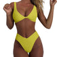 Women's bikini set - solid fabric V-neck bow-front high-waisted trapezoidal underwear two-piece swimsuit