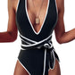 Sexy Tie Criss Cross Plunge One Piece Thong Swimsuit High Cut Brazilian Bathing Suit