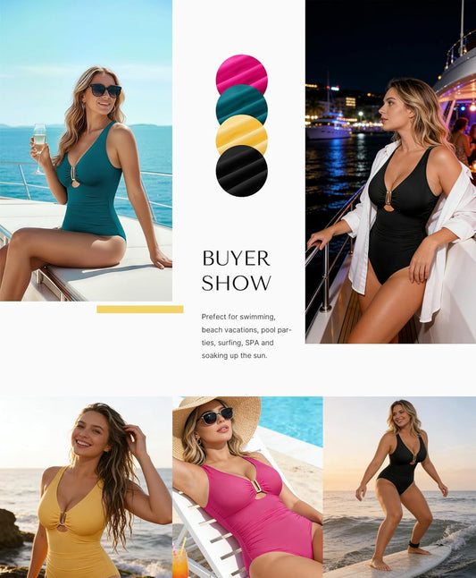 Tummy Control Swimsuits One Piece V Neck Slimming Bathing Suit for Women Cutout Ruched Shapewear Swimwear