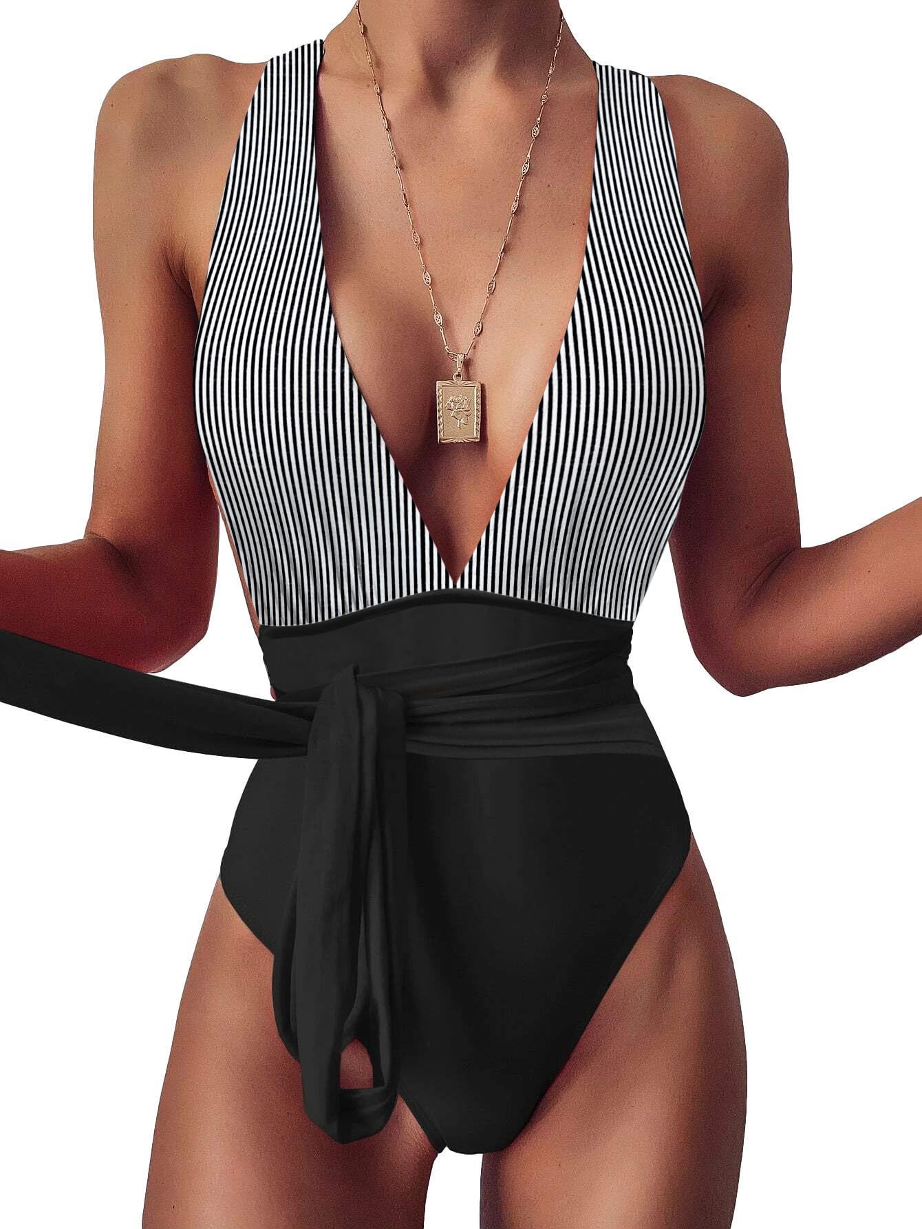 Sexy Tie Criss Cross Plunge One Piece Thong Swimsuit High Cut Brazilian Bathing Suit