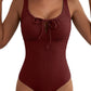 Aleumdr Womens Textured One Piece Swimsuit Tummy Control Bathing Suit Tie Knot Cutout Swimwear