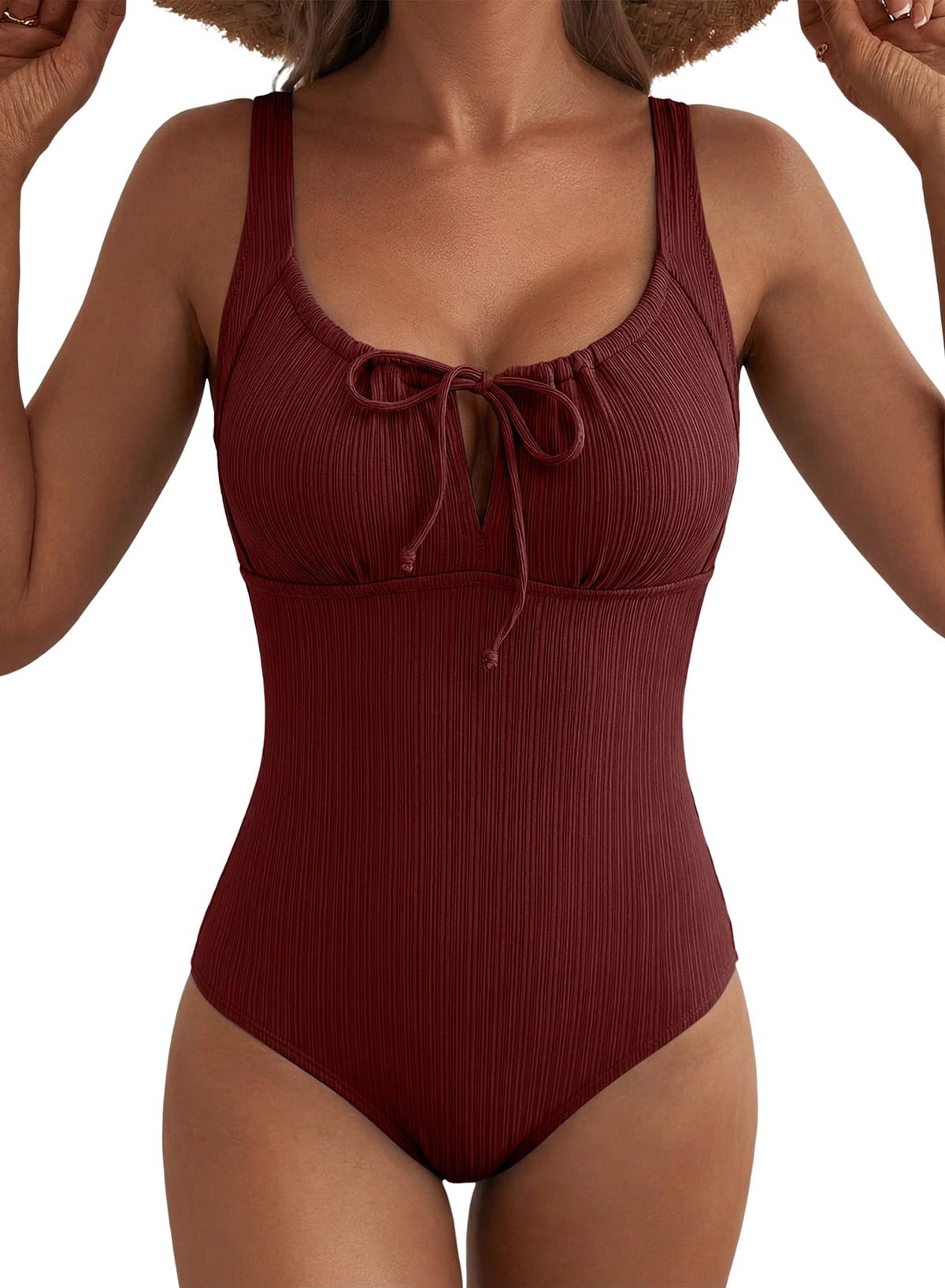 Aleumdr Womens Textured One Piece Swimsuit Tummy Control Bathing Suit Tie Knot Cutout Swimwear