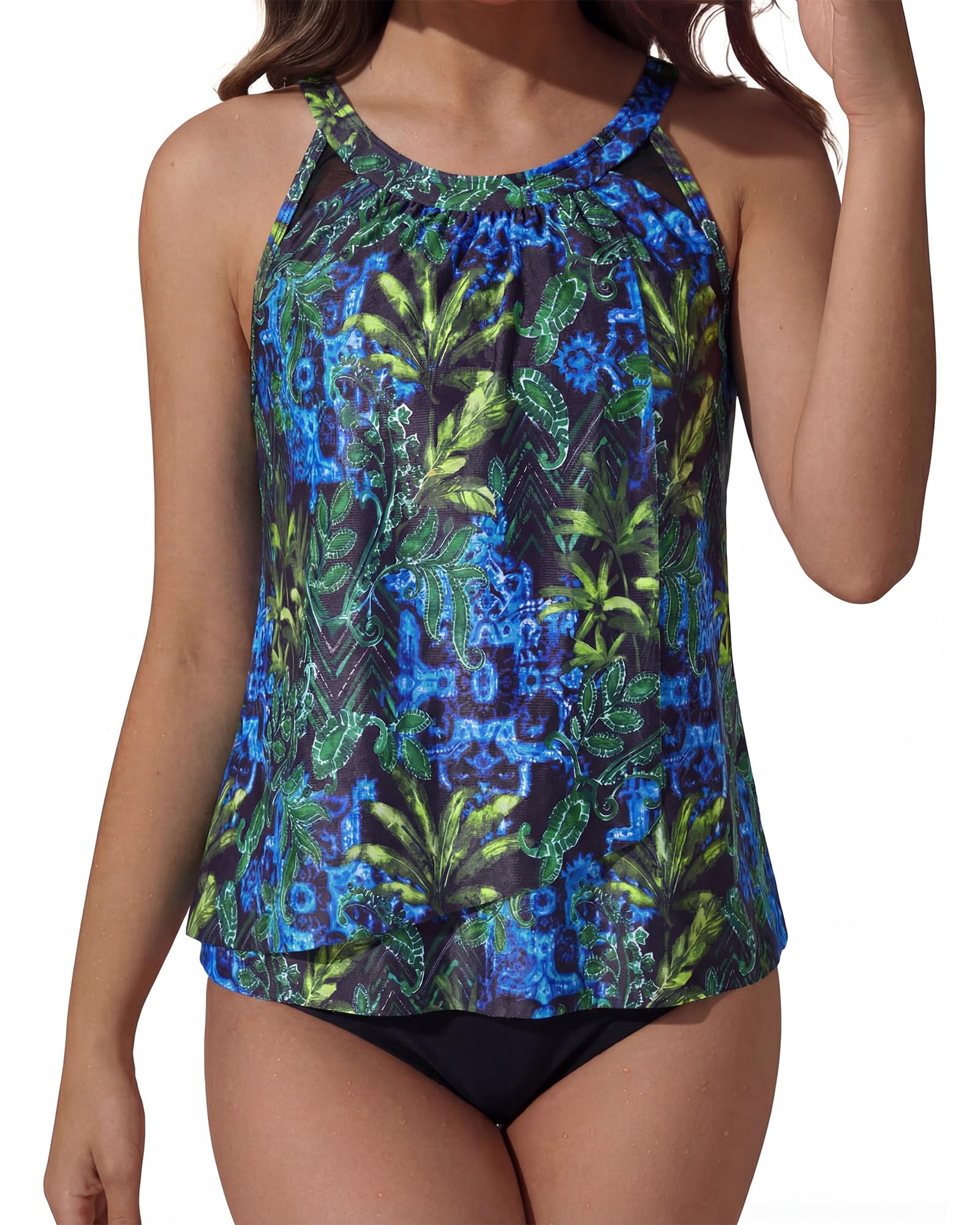 Women Tummy Control Tankini Bathing Suit Ruffle High Waisted Swimsuit