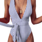 Sexy Tie Criss Cross Plunge One Piece Thong Swimsuit High Cut Brazilian Bathing Suit